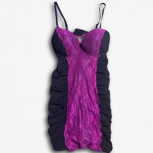 Elegance Black Purple Lace Ruched Chemise Lingerie Set with Thong XL